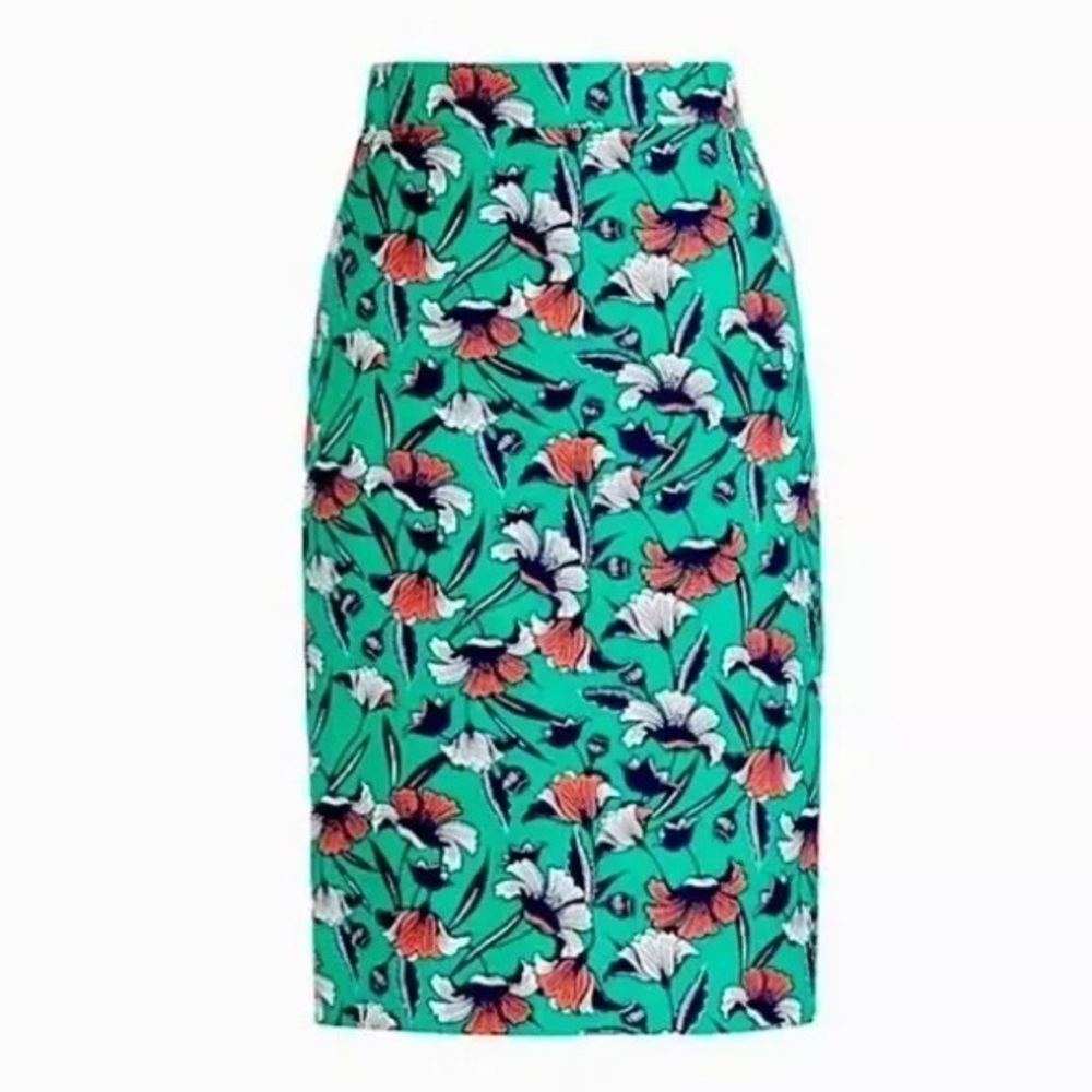 J. Crew Green Floral Basketweave Pencil Skirt